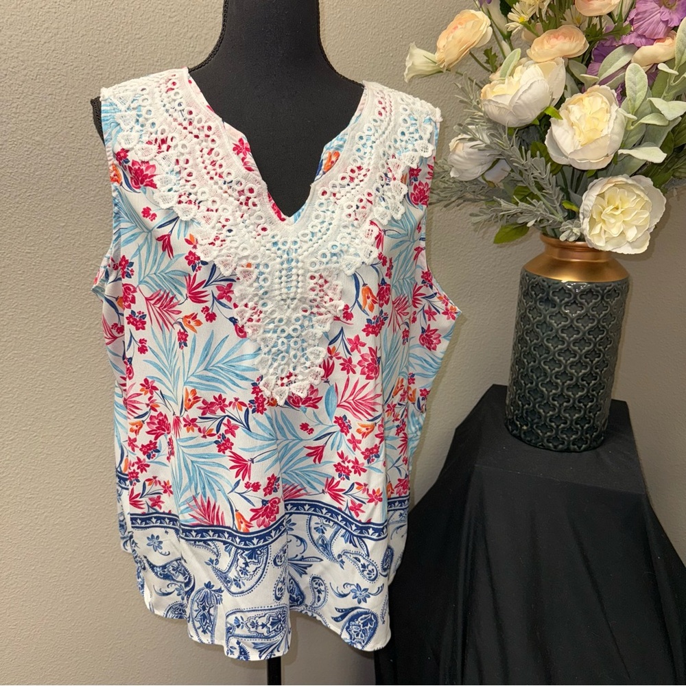 Storybuk XL Tropical Floral Crochet Lace V-Neck Sleeveless Boho Top